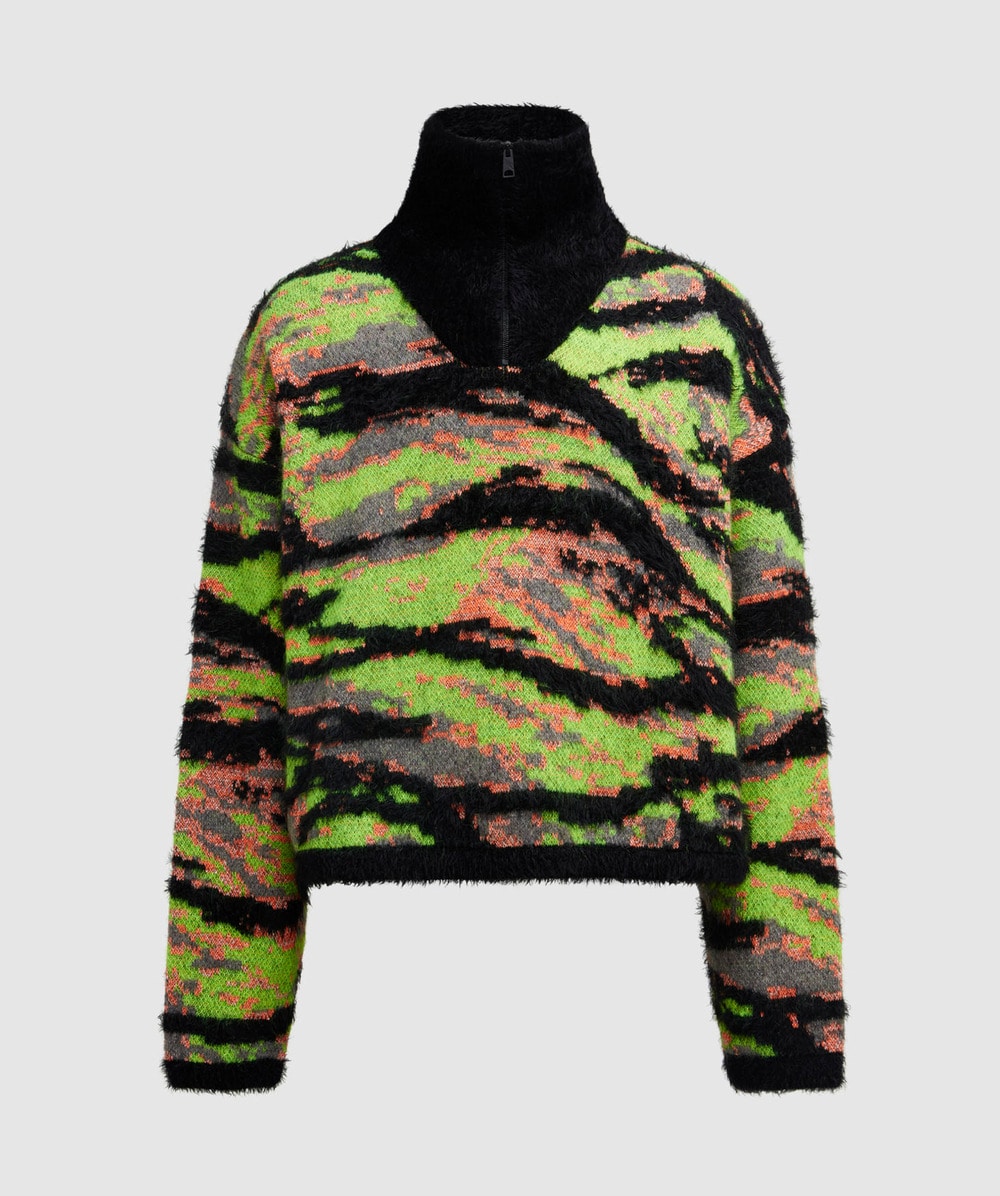 ERL Tiger Rave Knitted Quarter Zip Jumper (Green - M) - Size Clothing & Accessories > Clothing > Shirts & Tops, Male