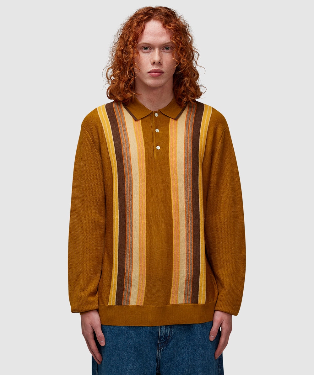 Beams Plus Stripe Long Sleeve Polo Shirt (Mustard - L) - Size L, Male