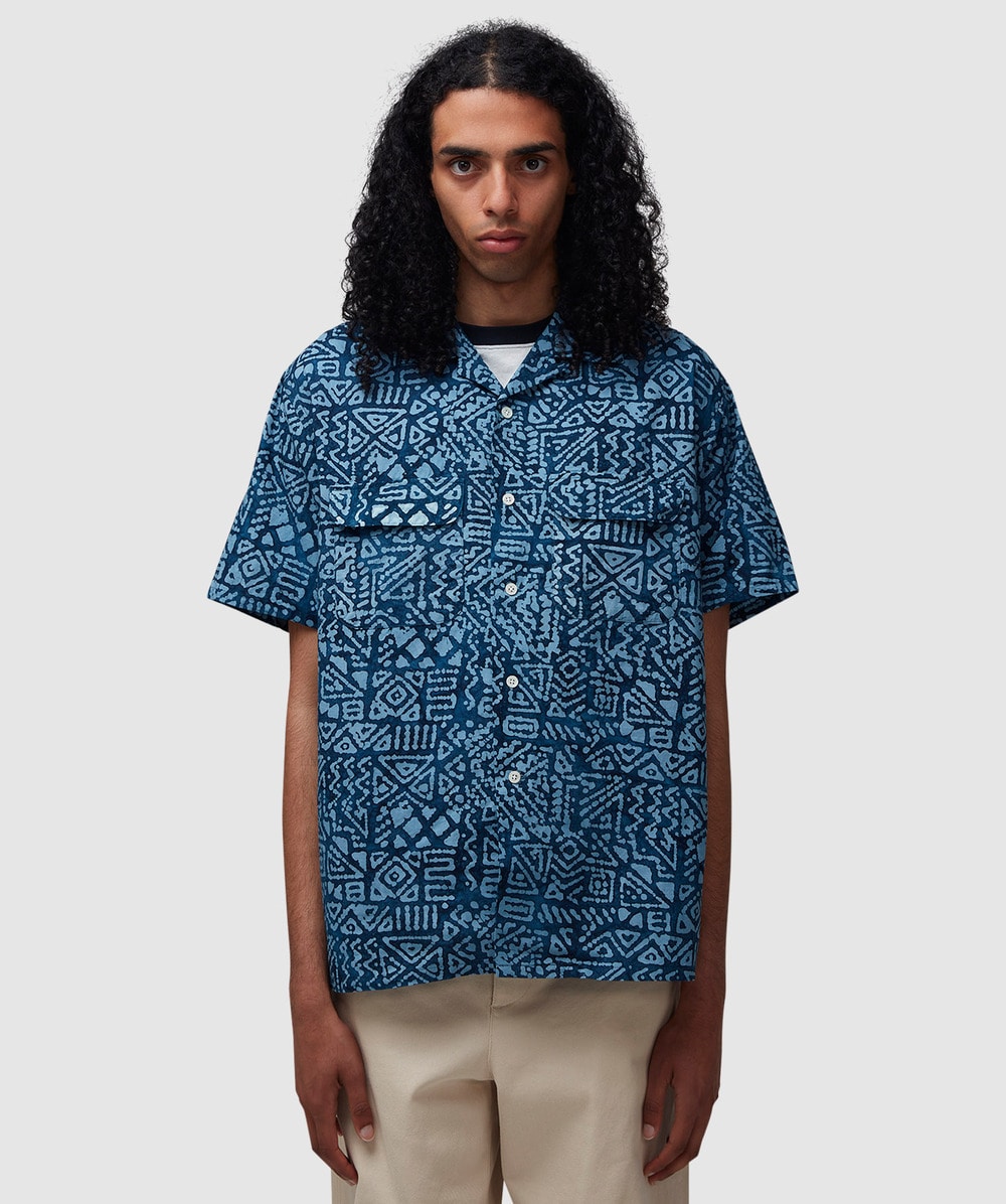 Beams Plus Open Collar Block Print Shirt (Blue - S) - Size Clothing & Accessories > Clothing > Shirts & Tops, Male