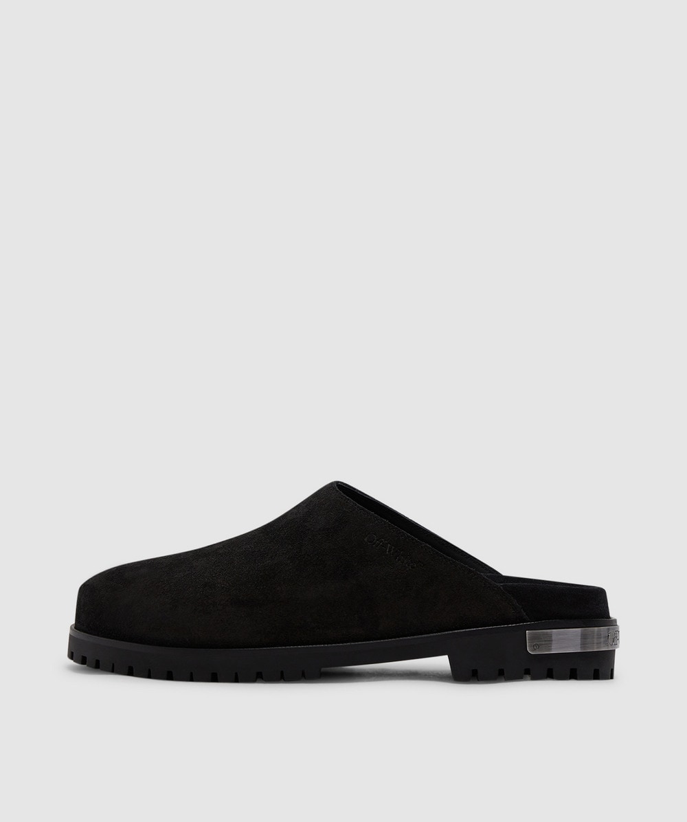 Off White CO Virgil Abloh Metal logo suede clog | BLACK SILV