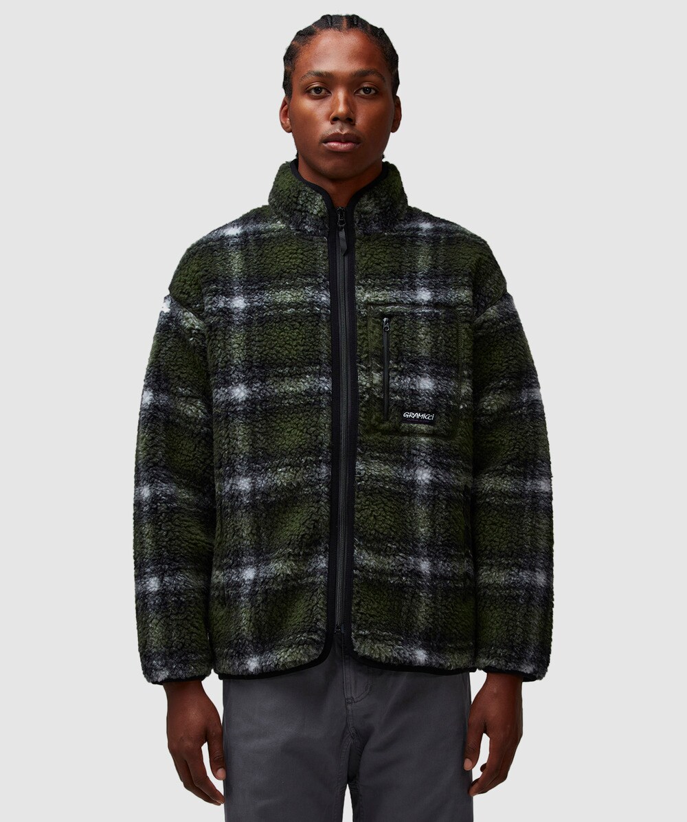 Gramicci Shadow Plaid Sherpa Jacket In Olive Shadow Plaid