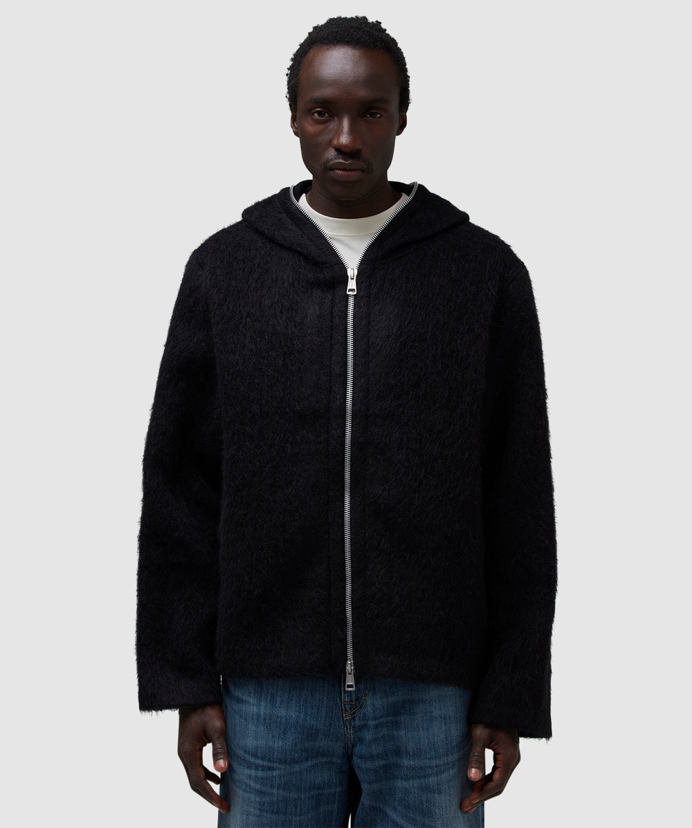 Our Legacy Textured Full Zip Hood Sweatshirt With Cozy Hood In Black