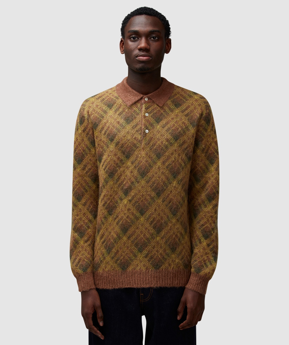 Beams Plus Long Sleeve Knitted Polo Shirt (Brown - S) - Size S, Male
