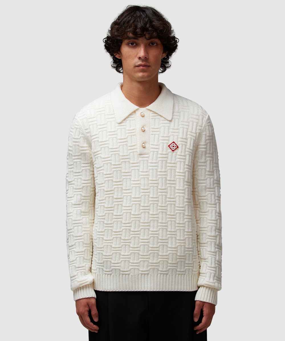 Casablanca Column Knit Long Sleeve Polo Shirt In White | ModeSens