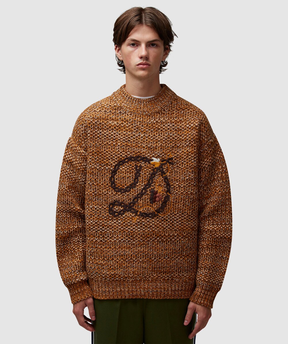 Drôle de Monsieur Embroidered Knit Jumper (Brown - M) - Size Clothing & Accessories > Clothing > Shirts & Tops, Male