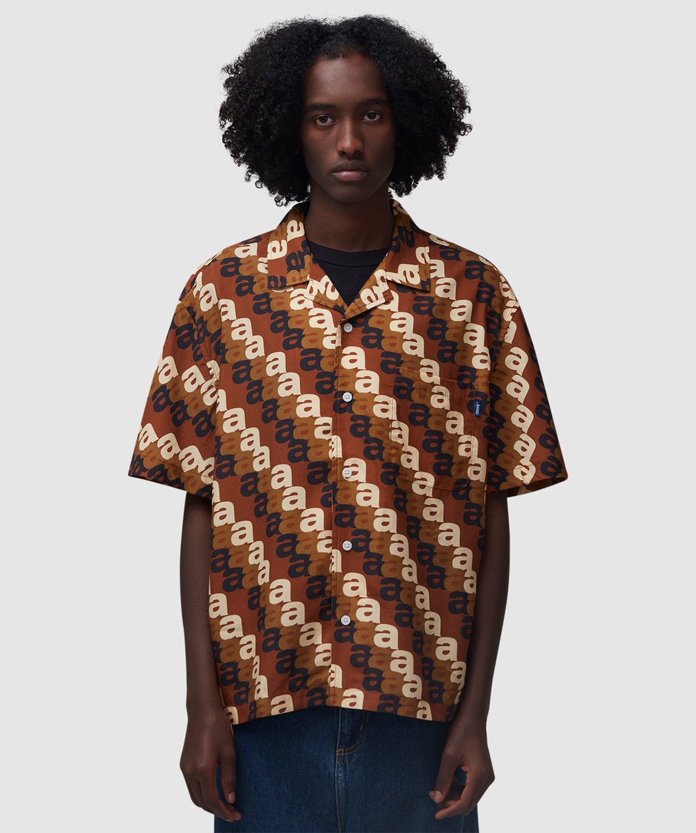 Awake NY A Print Camp Short Sleeve Shirt (Brown Multi - L) - Size L, Male
