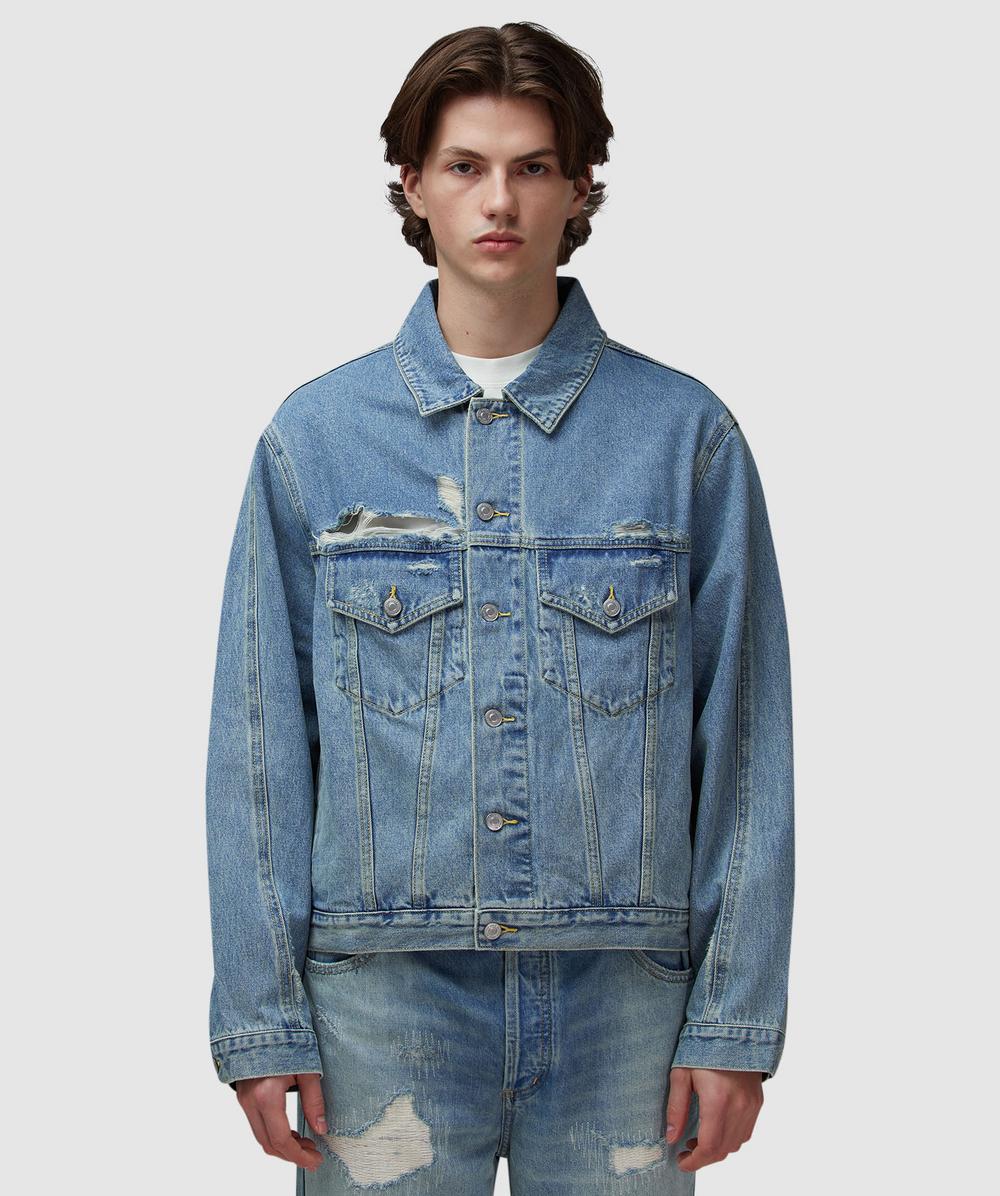 Cole Buxton Distressed Denim Jacket (Blue - Xl) - Size XL, Male