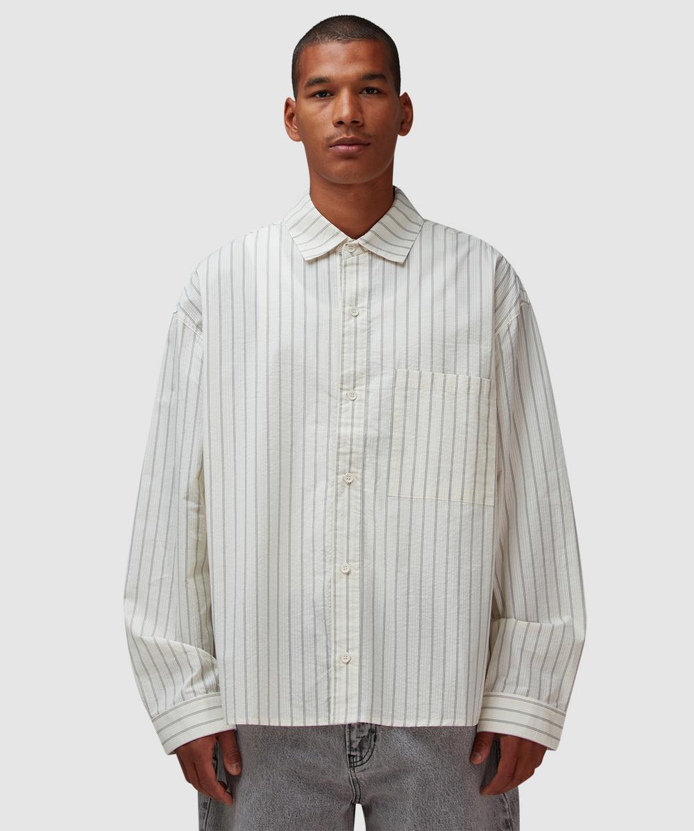 MKI MIYUKI ZOKU Box Dress Shirt (Off White Stripe - S) - Size S, Male