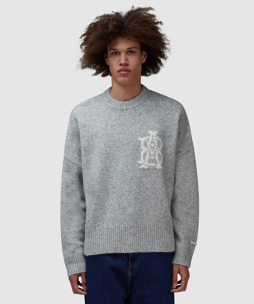 about:blank Monogram Knitted Sweater (Grey Marl/Ecru - S) - Size Clothing & Accessories > Clothing > Shirts & Tops, Male