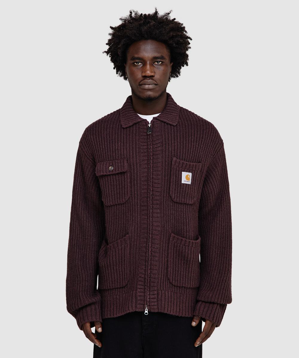 Carhartt Ip Mens Chore Logo-patch Knitted Wool-blend Cardigan Palisander In Brown