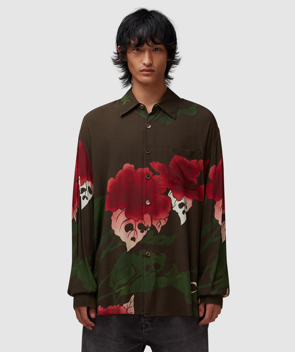 Our Legacy Dark Green Floral Print Long-sleeve Button-up Shirt In Black