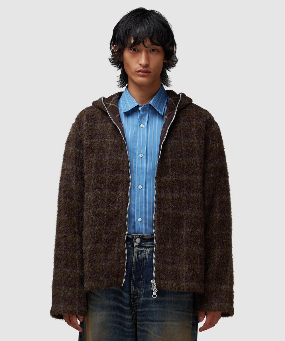 Our Legacy Textured Full Zip Hood Sweatshirt With Cozy Hood In Brown