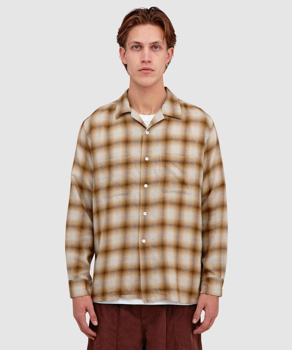 Beams Plus Open Collar Ombre Shirt In Brown