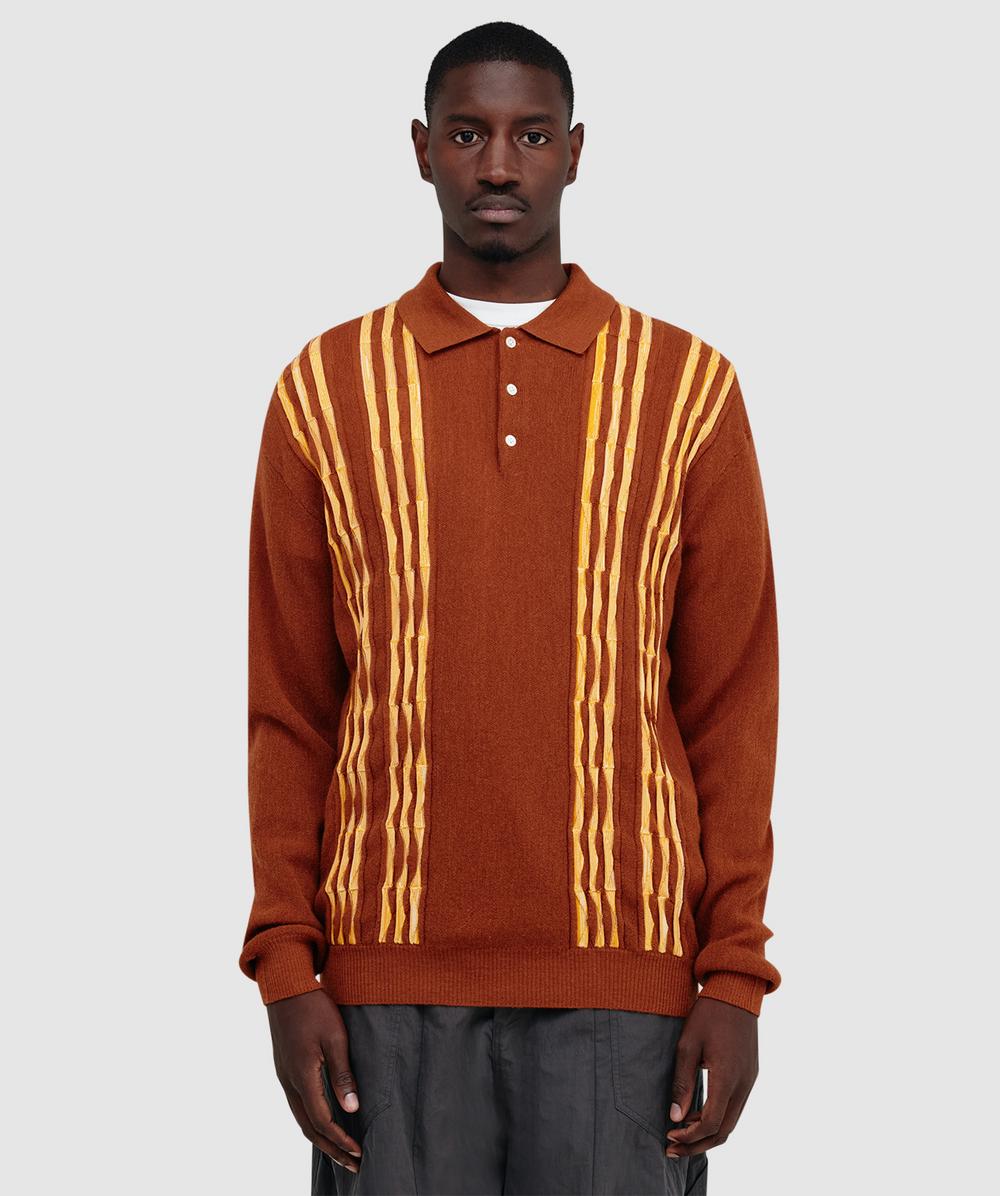 Beams Plus Knit Polo Born Stripe 14g Shirt In Brown