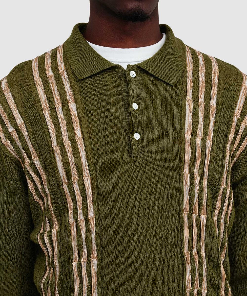 Beams Plus Knit polo born stripe 14G shirt | OLIVE | SEVENSTORE