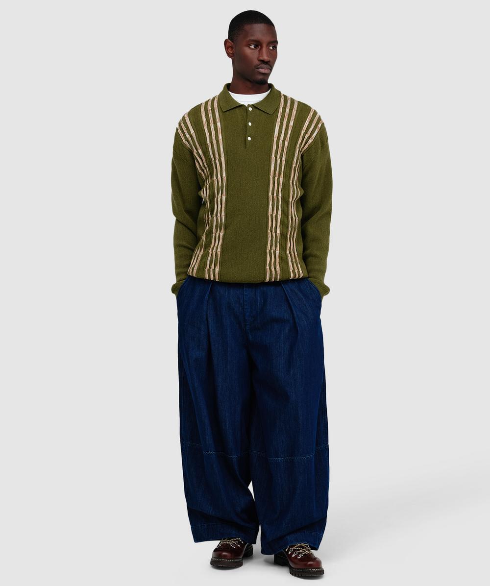 Beams Plus Knit polo born stripe 14G shirt | OLIVE | SEVENSTORE