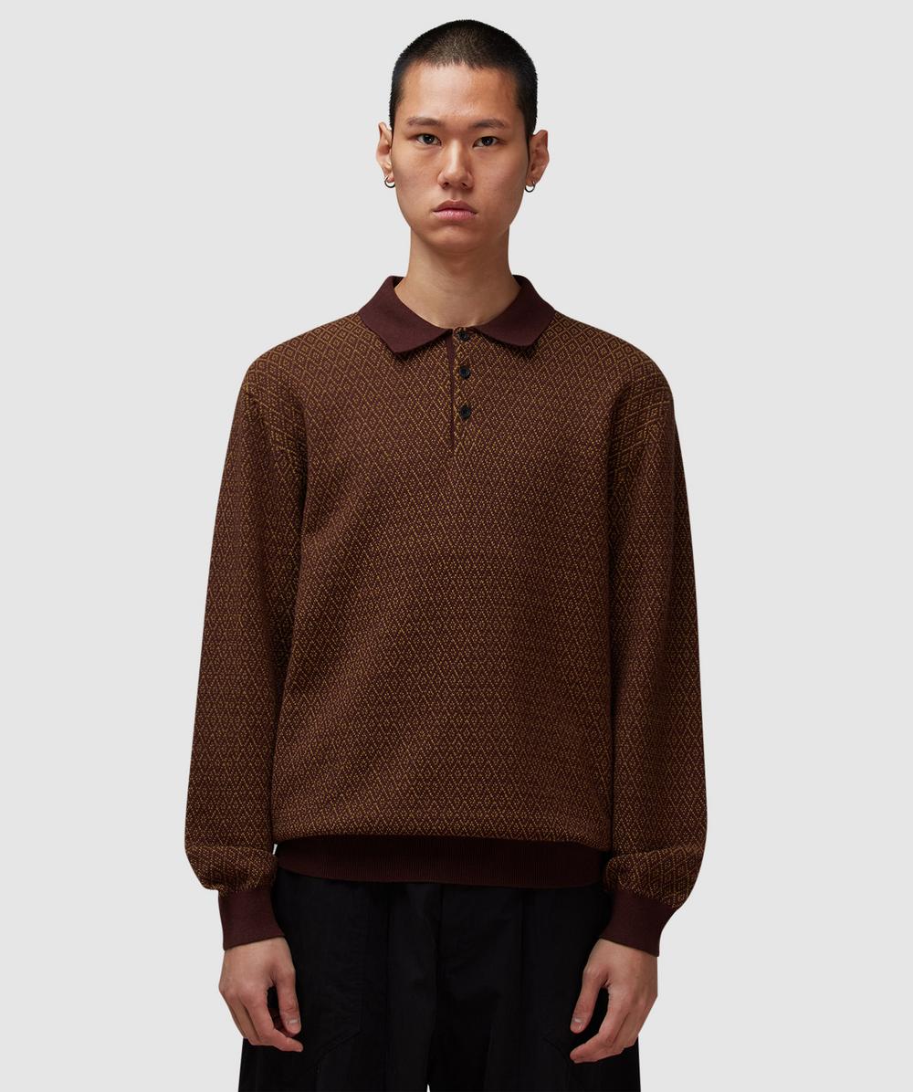 Beams Plus Knit Polo Diamond Patterned Sweater In Brown