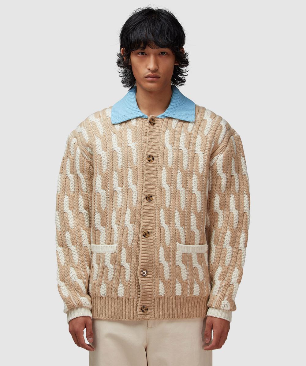 Drôle De Monsieur Two-tone Cable Knit Cardigan In Neutral