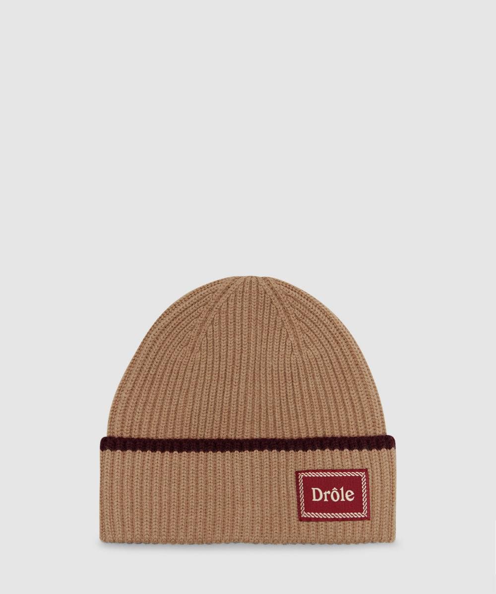 Drôle De Monsieur Stripe Woven Label Beanie In Brown