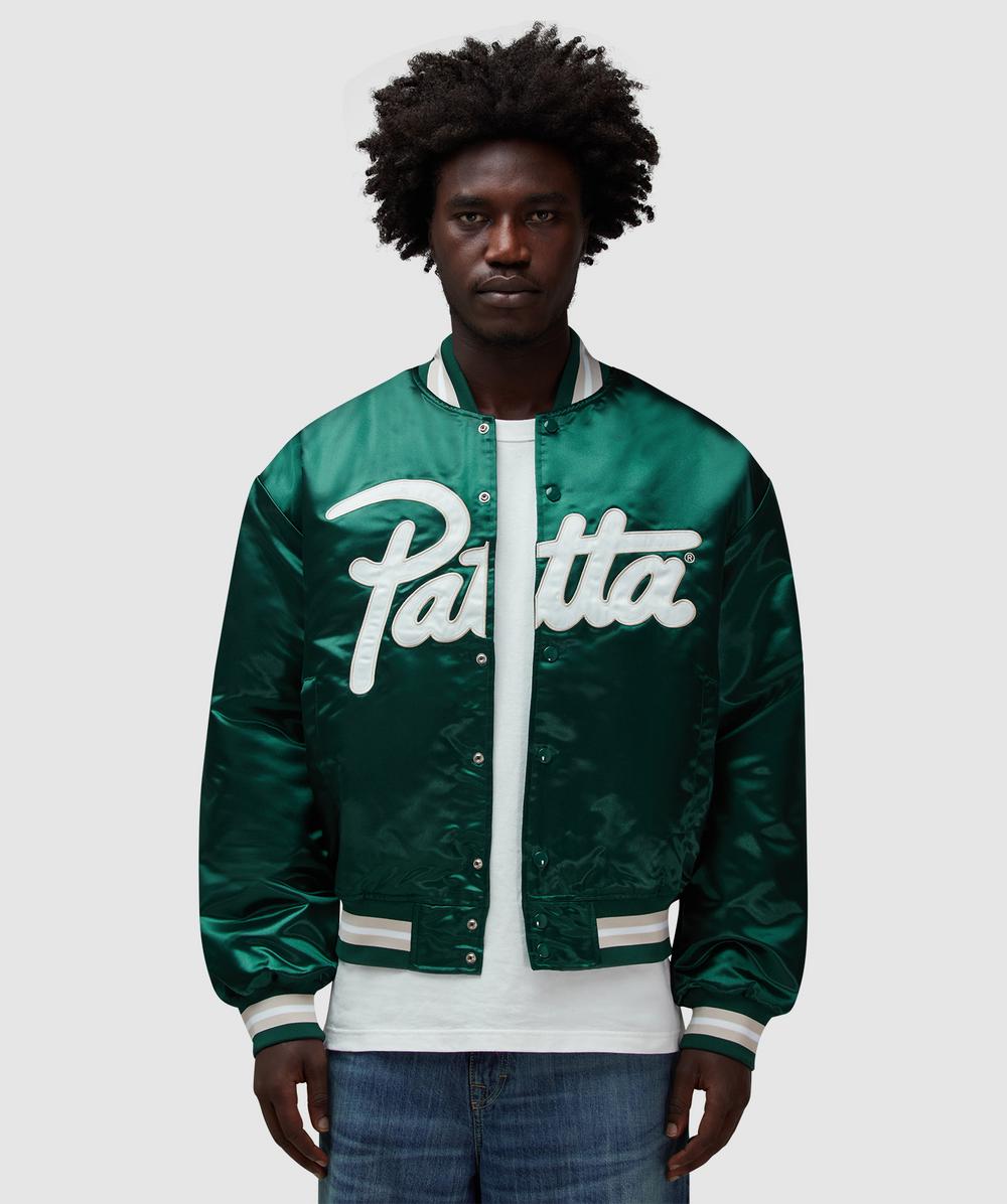 Patta Script Logo Satin Varsity Jacket In Green