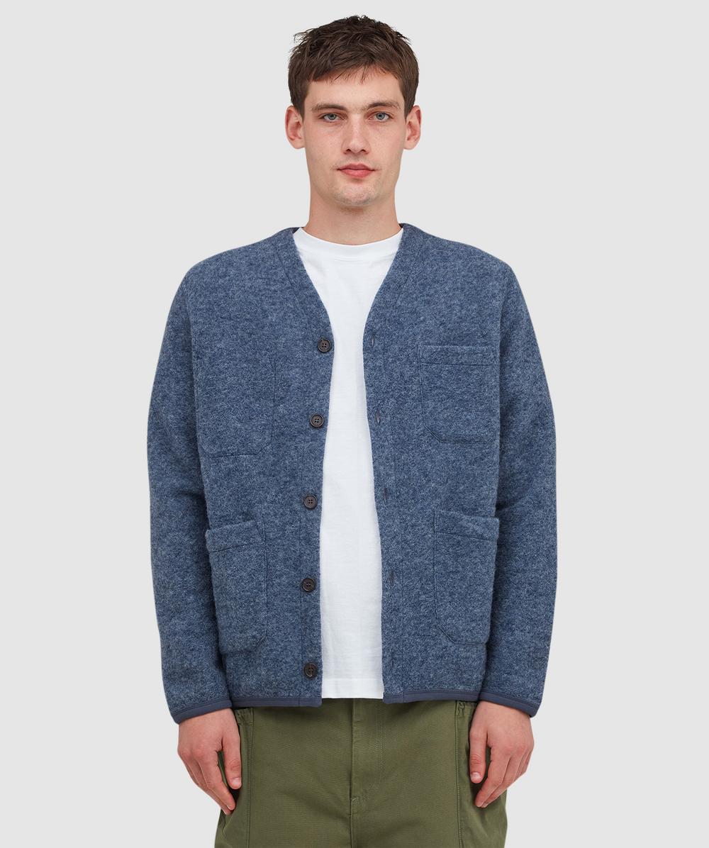 Universal Works Wool Fleece Cardigan In Blue
