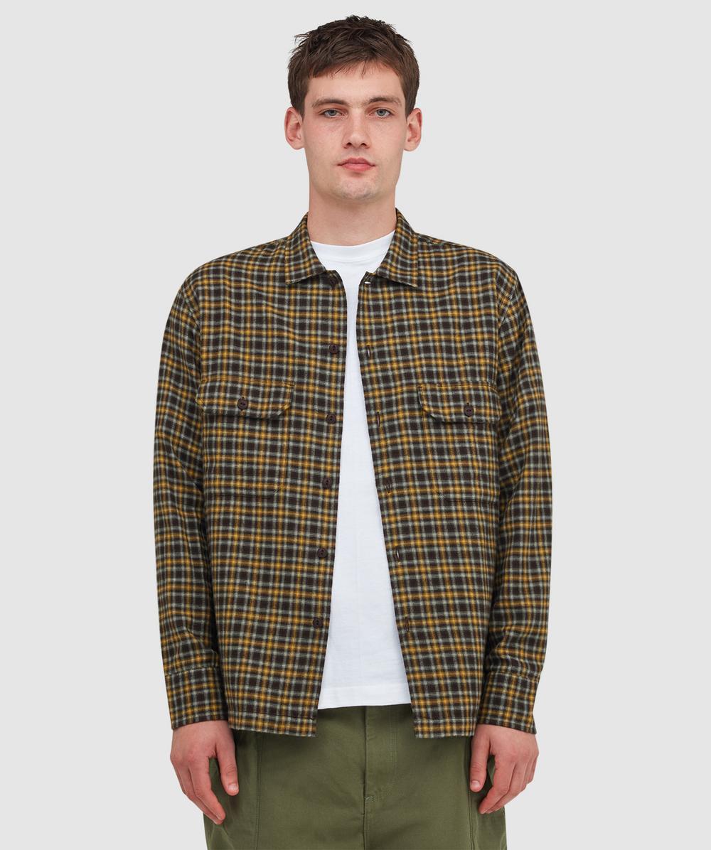 Universal Works Bang Check Utility Shirt In Brown