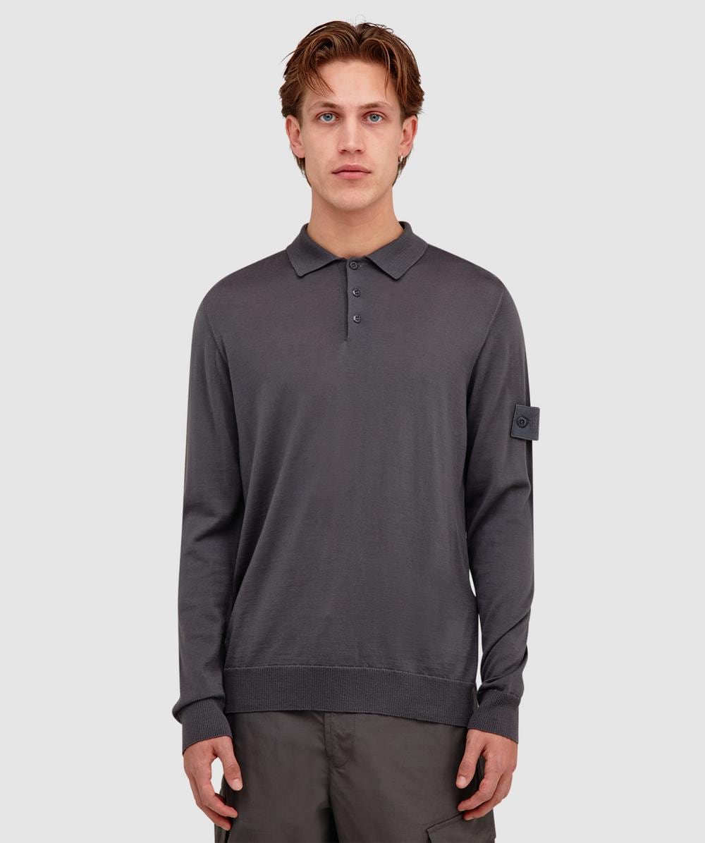 Stone Island Men's Grey Ghost Wool Polo Knit Sweater (Dark - L) - Size L