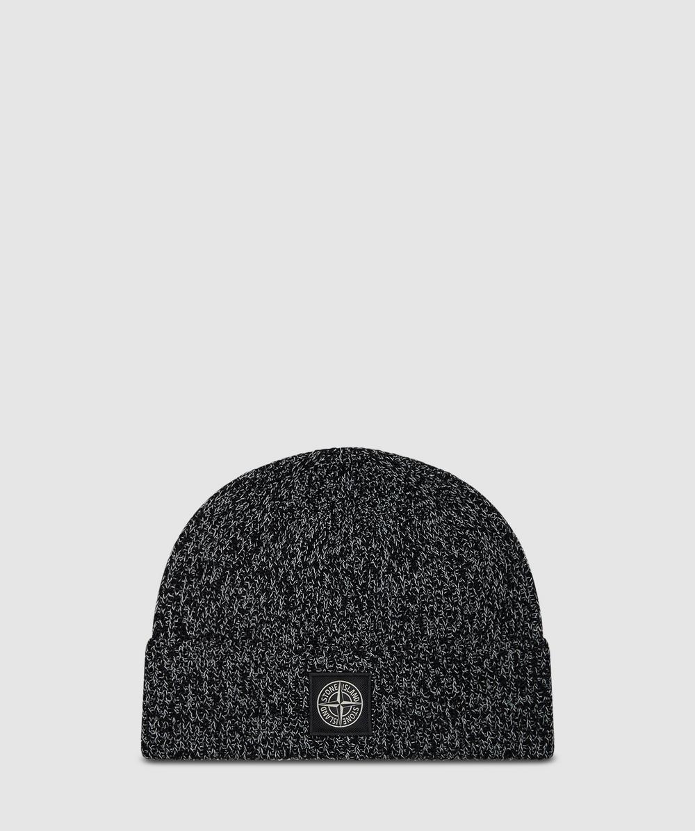 Stone Island Reflective Knit Logo Beanie In Black