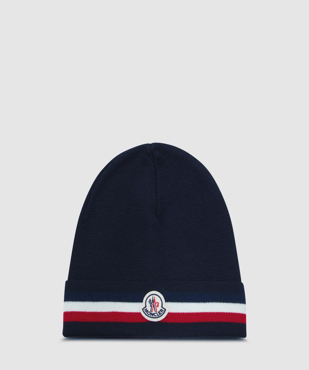 Moncler Tricolor Stripe Virgin Wool Beanie In Blue