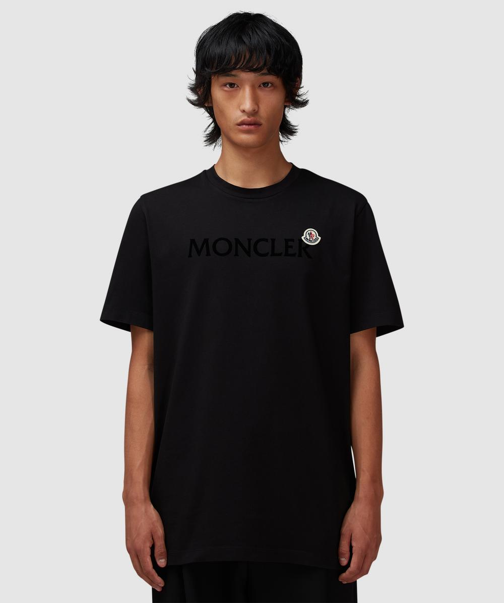 Moncler Men T-shirt With Flocked Cotton Logo In Black