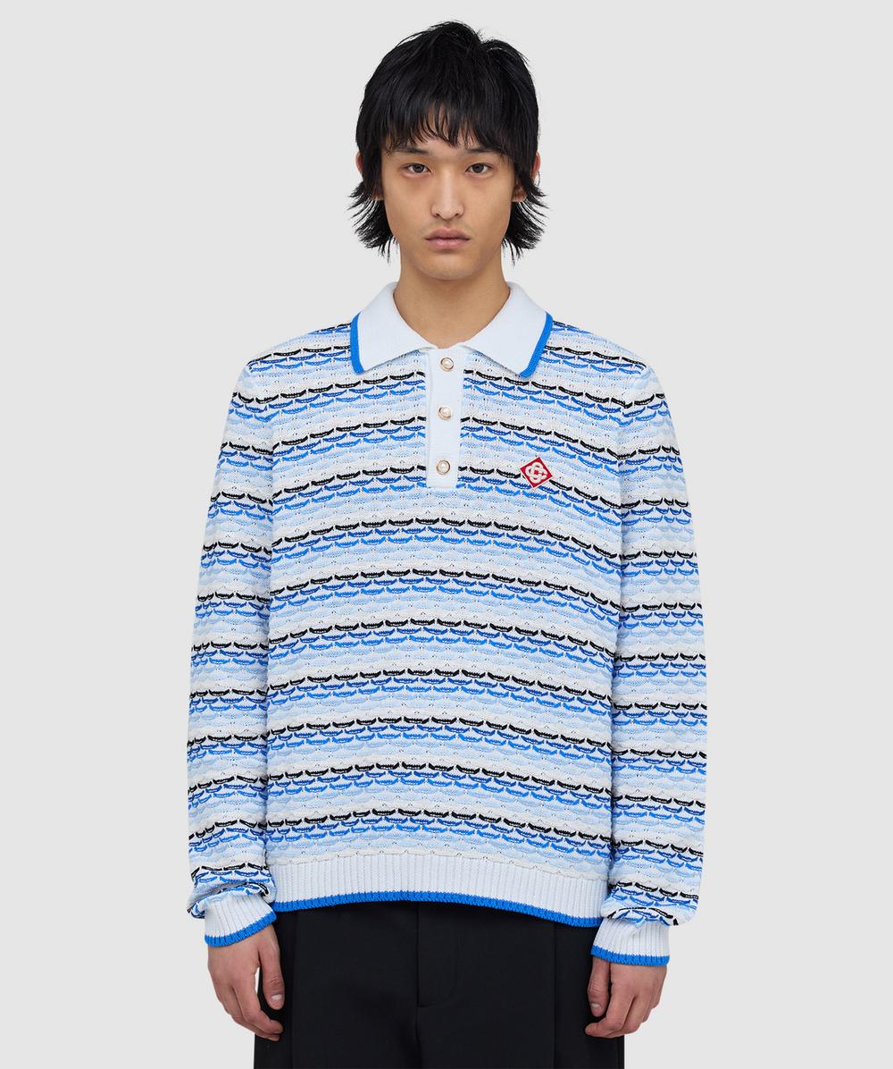 Casablanca Tuck Stitch Long Sleeve Polo Shirt (Blue - L) - Size L, Male