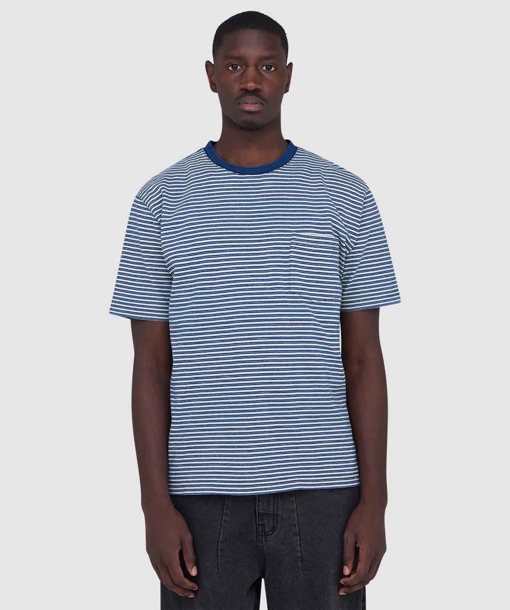 Beams Plus Indigo Stripe Pocket T-shirt In Blue