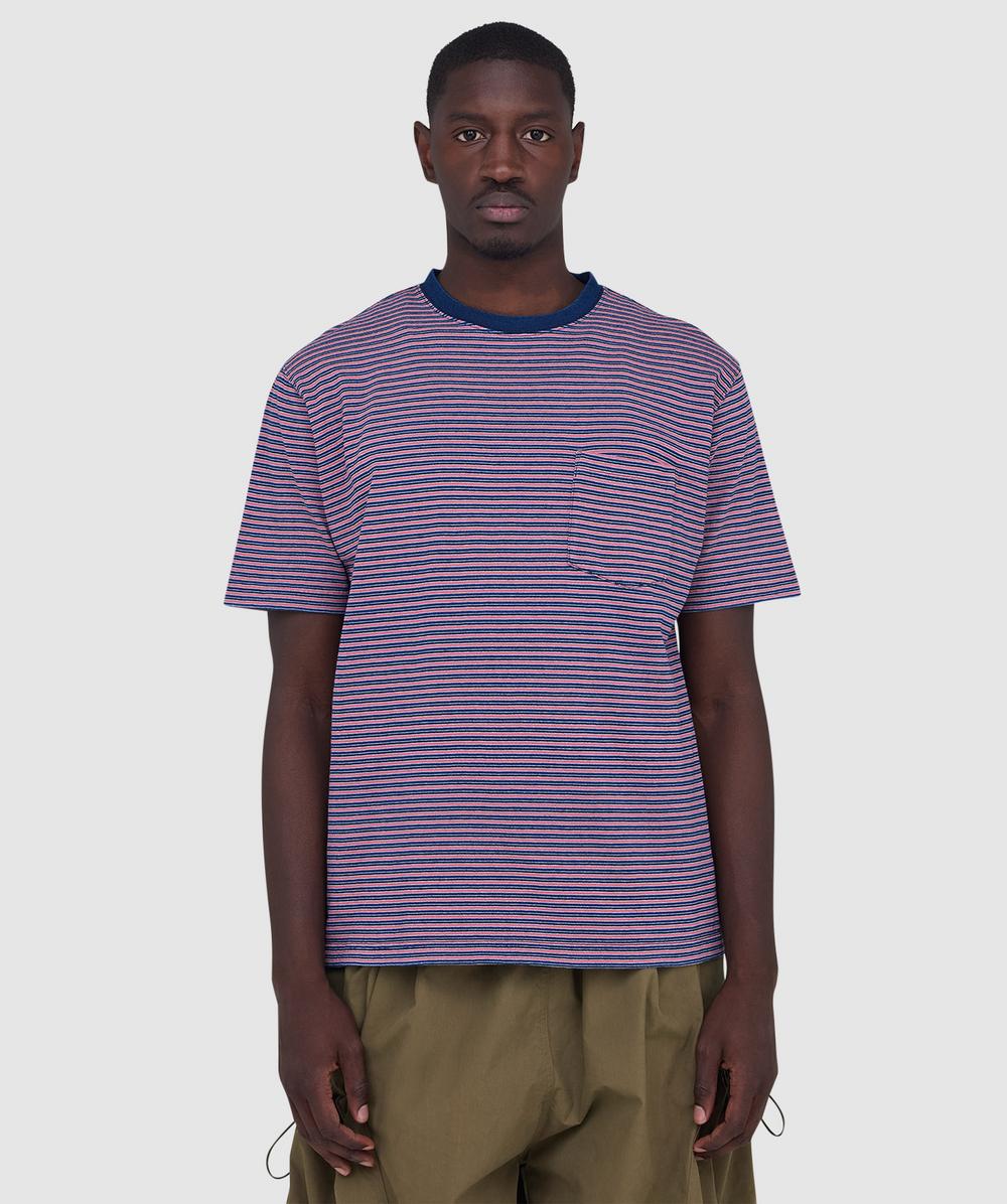 Beams Plus Indigo Stripe Pocket T-shirt In Pink