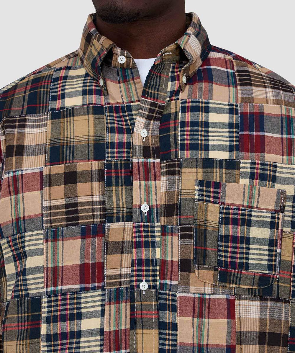 Beams Plus B.D classic fit patchwork madras shirt | BROWN | SEVENSTORE