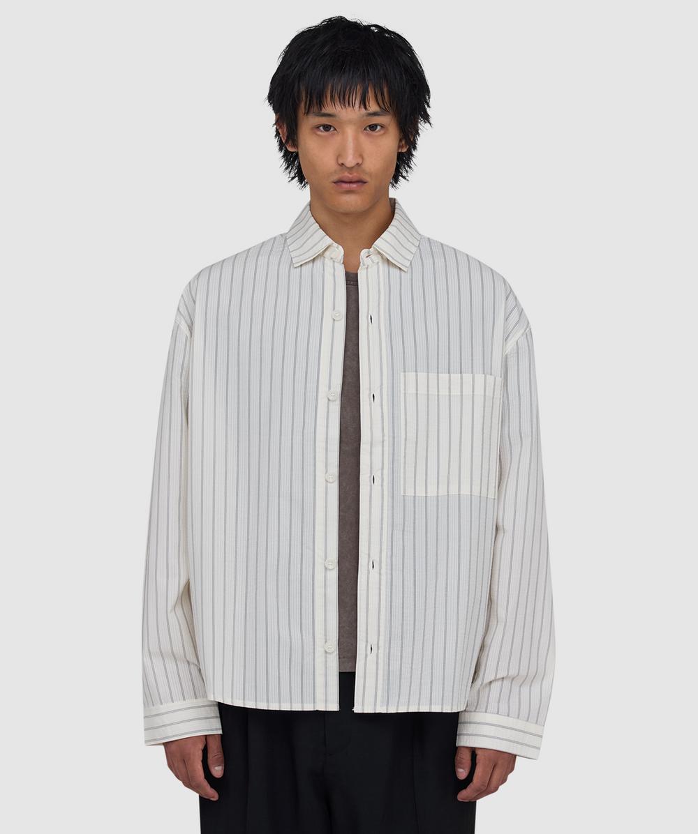 MKI MIYUKI ZOKU Seersucker Stripe Dress Shirt (Off White - M) - Size M, Male