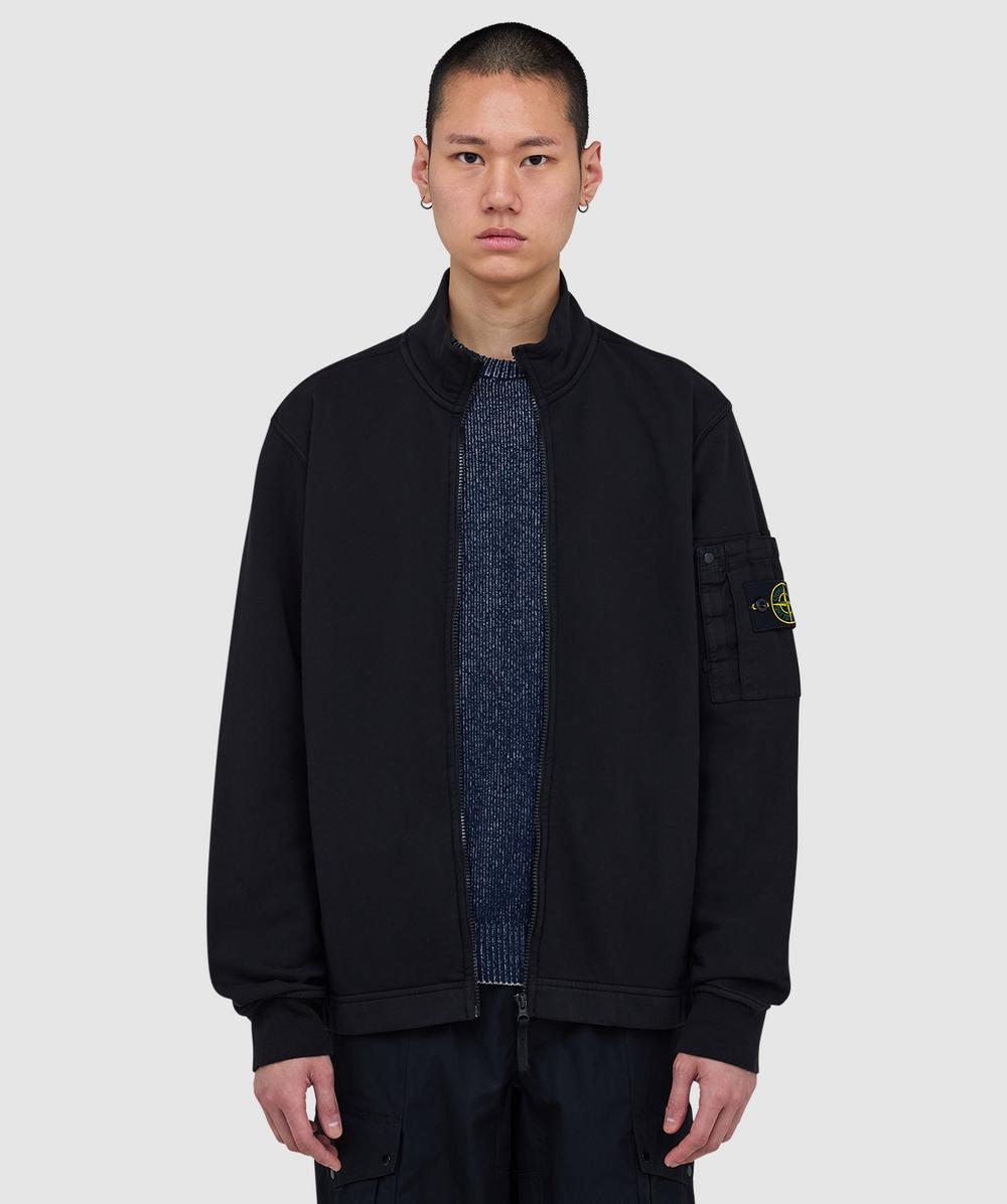 Stone Island Cotton Fleece Pocket Zip Cardigan In Black