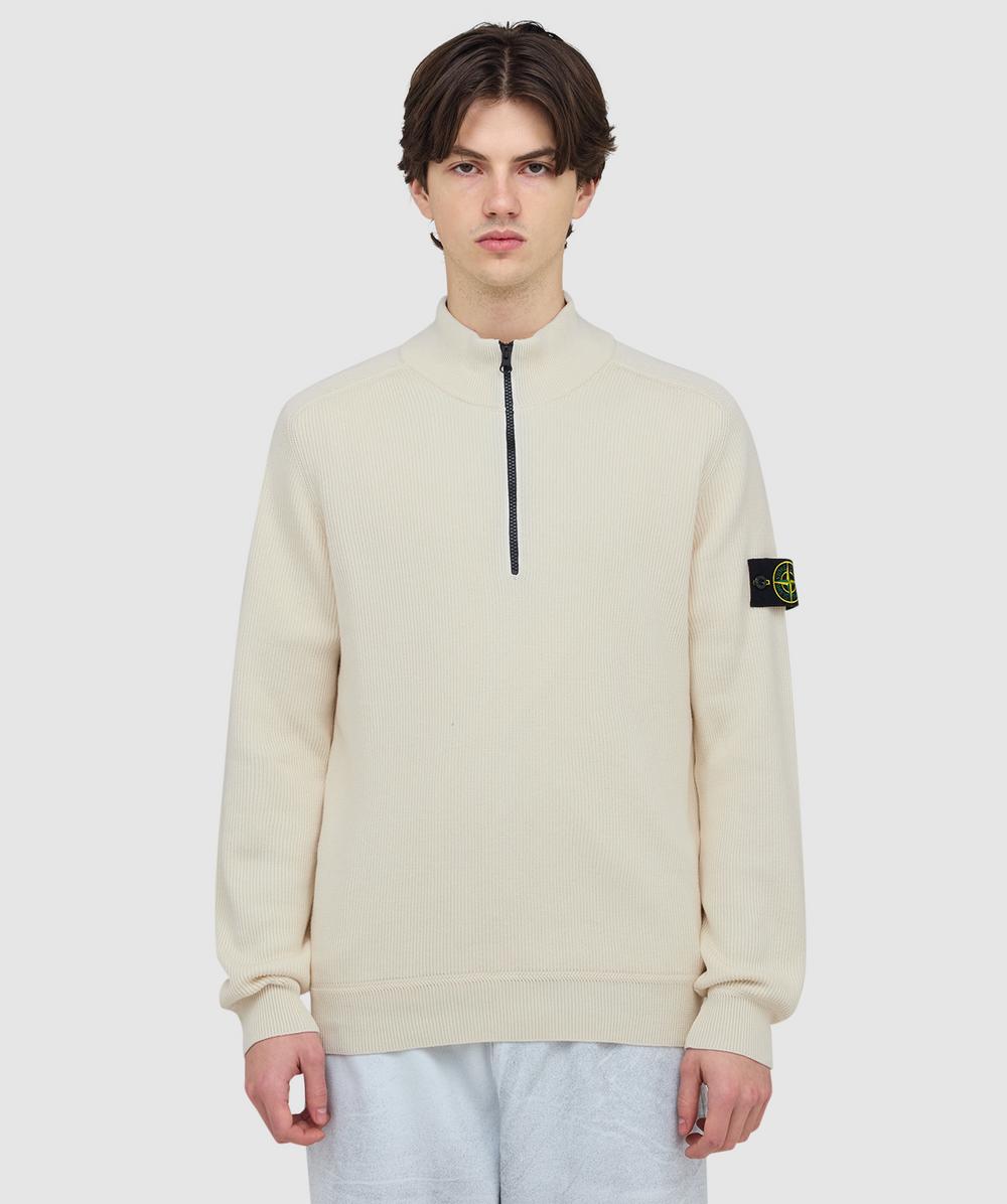 Stone Island Men's Cream Ribbed Cotton Long Sleeve Polo Sweatshirt (Ivory - L) - Size L