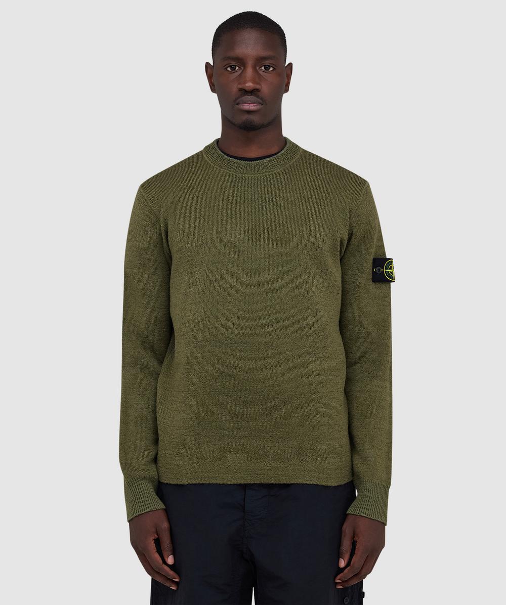 Stone Island Rubberised Wool And Cotton Double Sweater (Military Green - L) - Size L, Male