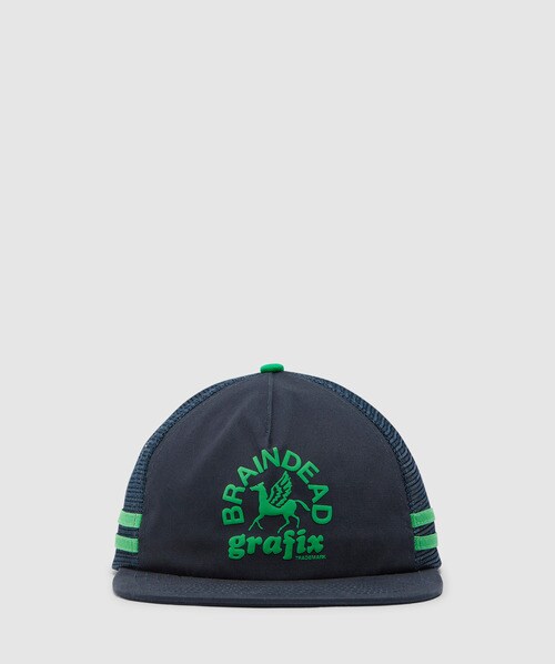 Brain Dead Graffix 5 Panel Trucker Cap In Navy/teal