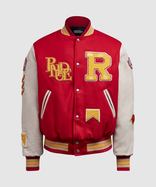 Rhude Embellished Leather-trimmed Wool-blend Felt Varsity Jacket In Red/crème