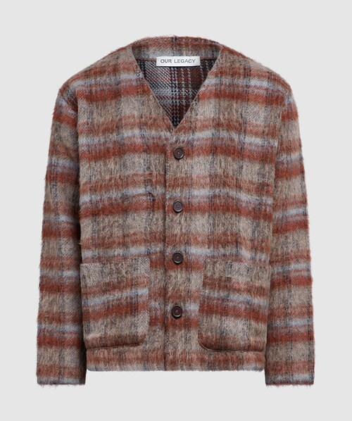 Check V-neck Wool & Alpaca Blend Cardigan In Brown