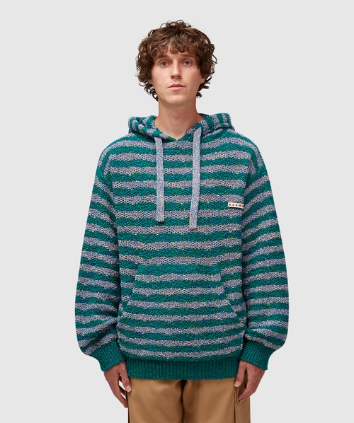 Marni Stripe-knit Drawstring Hoodie In Green