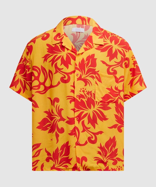 Erl Floral Patterned Short Sleeve Unisex Shirt With Breast Pocke In Yellow