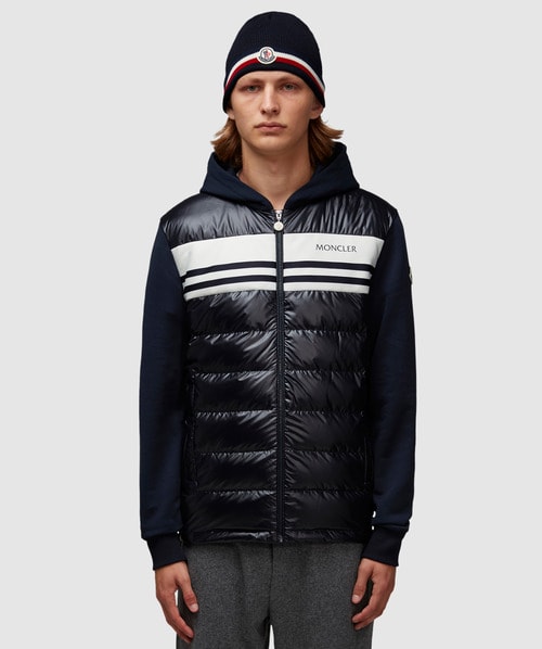 Shop Moncler Zip Hooded Padded Cardigan In Navy