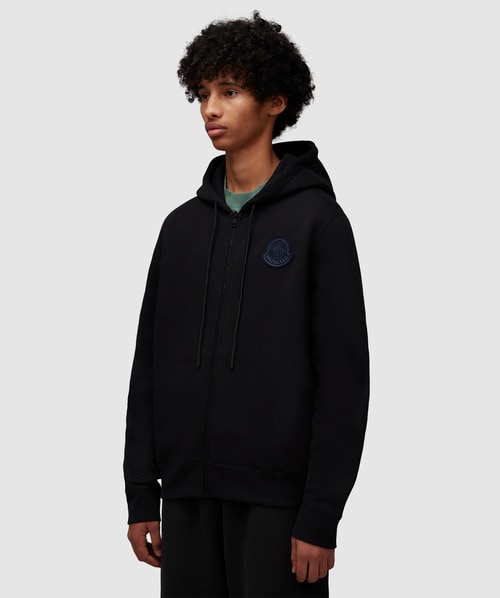 MONCLER｜HOOD/ZIP-UP (8G00035 89AUJ 999) Black Logo Patch Cotton Hoodie - Sweatshirts for Men