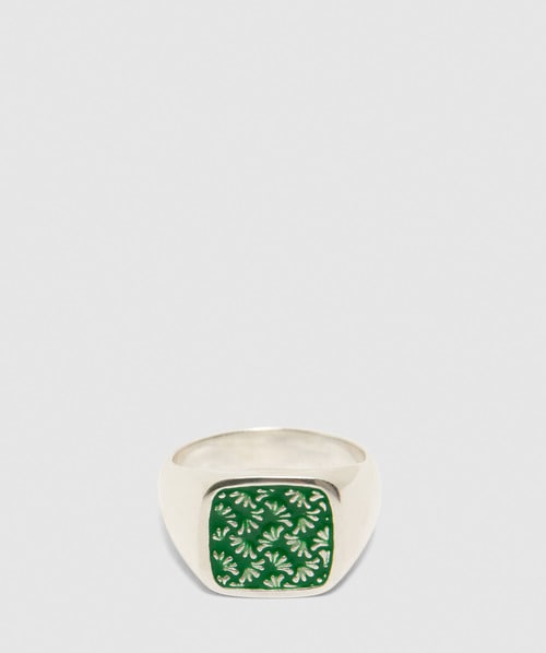 Maple Silver & Green Floral Signet Ring In Silver/green Enamel
