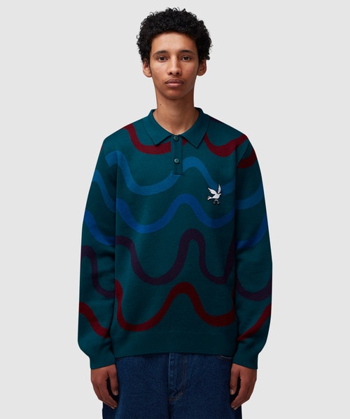 Parra Soundwave Knitted Polo Pullover In Green