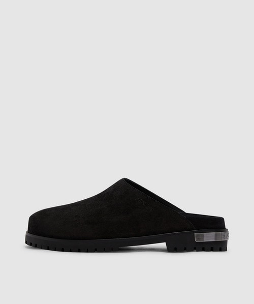 Off White C/o Virgil Abloh Metal Logo Suede Clog In Black Silv