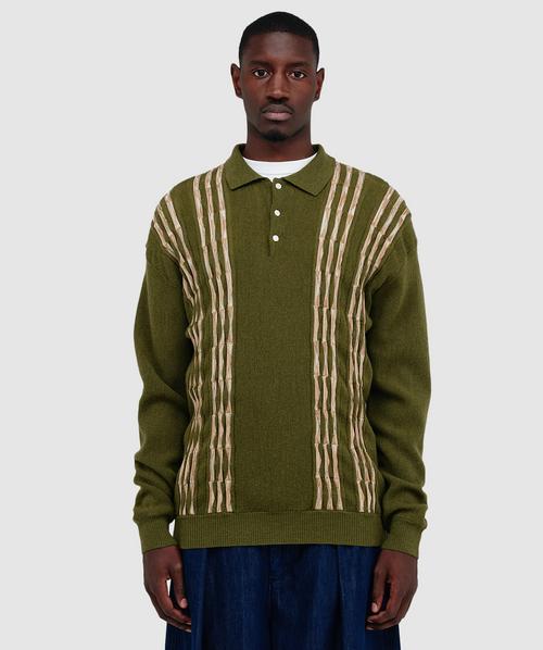Beams Plus Knit polo born stripe 14G shirt | OLIVE | SEVENSTORE